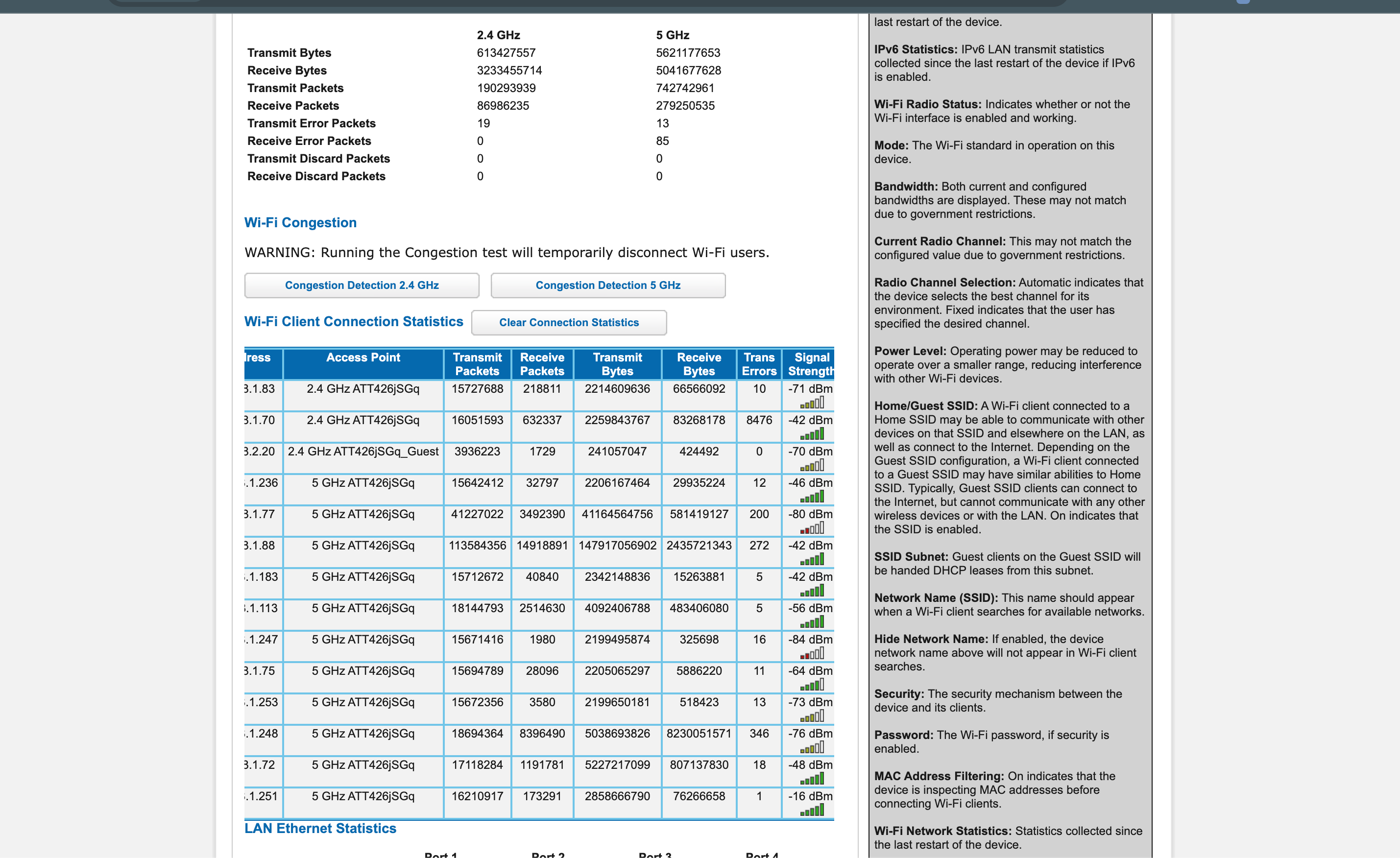 BGW320 router interface showing raw stats and tables