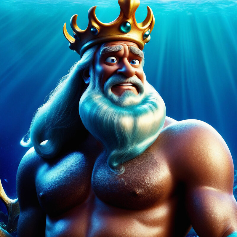 Regal King Triton concept with glowing trident lighting his armor and flowing beard.