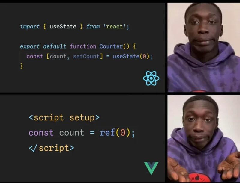 Meme comparing React useState boilerplate to Vue ref() brevity.