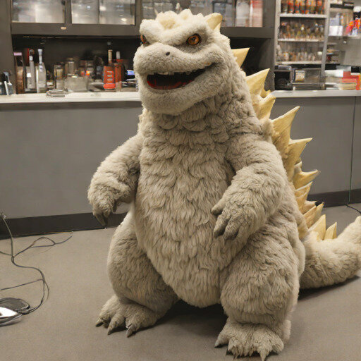 Fluffy Godzilla-style creature roaring on a neon-lit street.