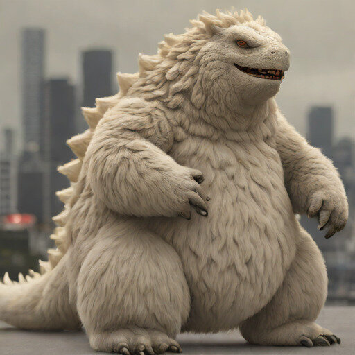 Second fluffy Godzilla render with a warmer palette and smoke trails.