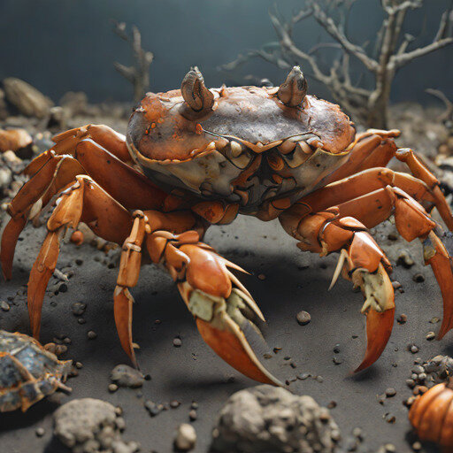 Hyper-real Halloween crab with glowing lantern eyes and moody studio fog.