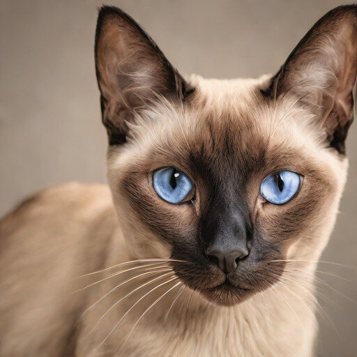 Portrait of a Siamese cat with blue rim lighting and shallow depth of field.